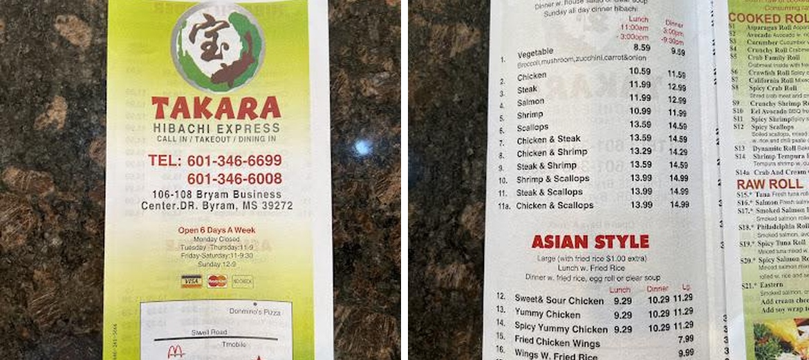 Takara Hibachi Express Menu