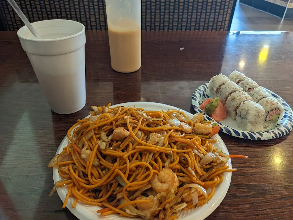 Shrimp Lo Mein and California Rolls